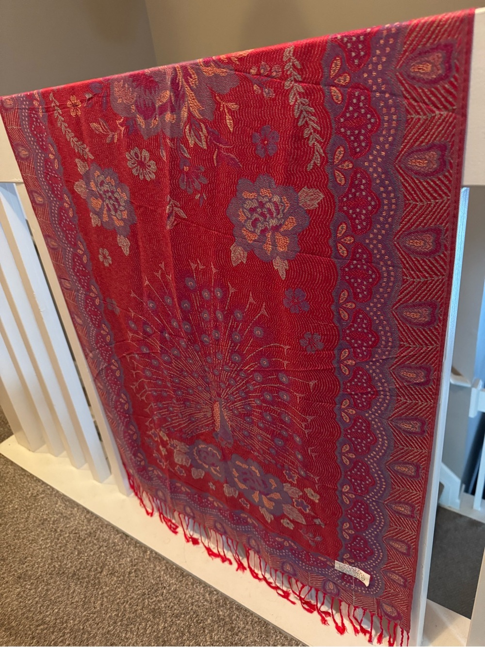Vintage Jerusalem Peacock Pashmina Scarf Wrap Shawl Fringed Red &Purple Jacquard